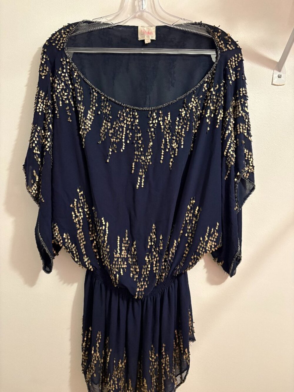 Parker Navy Silk Sequin Batwing Top Size L Beaded Blouson Blouse